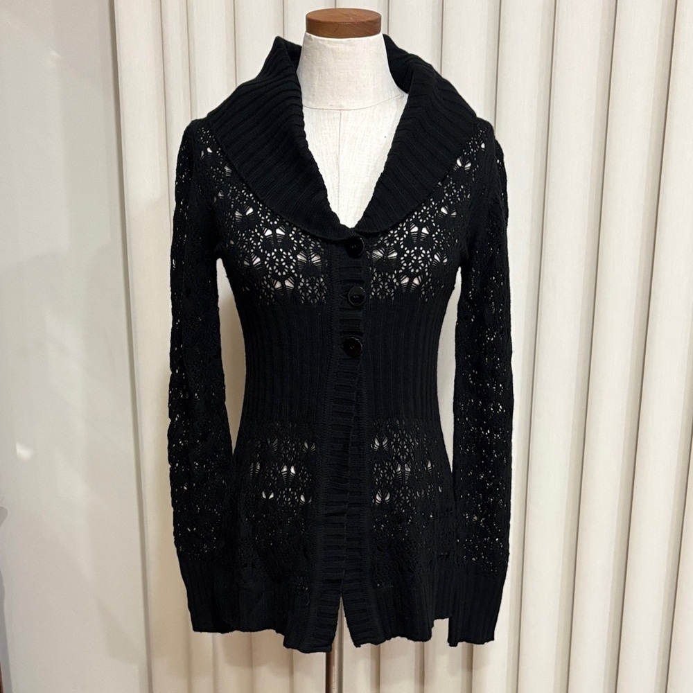 NWT Charlotte Tarantola Black Shawl Collar Button-Up Knit Cardigan 3 button Med